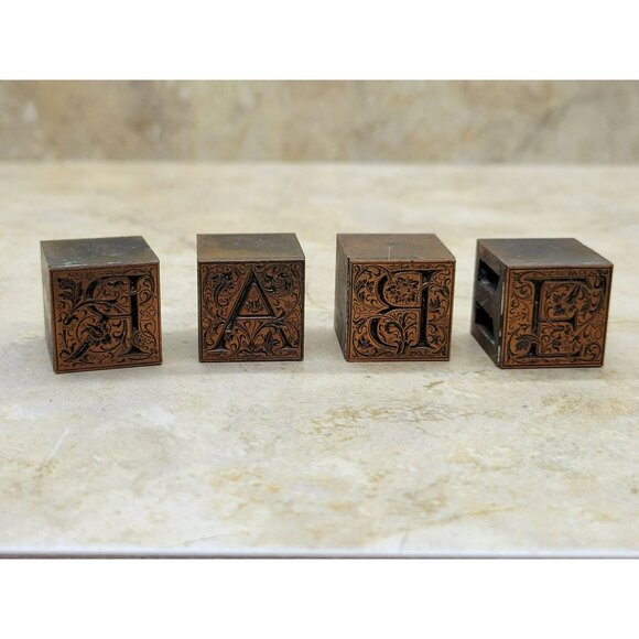 Antique Copper Capital Letter B A R E Printing Block Set of 4 Blocks Art Nouveau - Picture 2 of 8